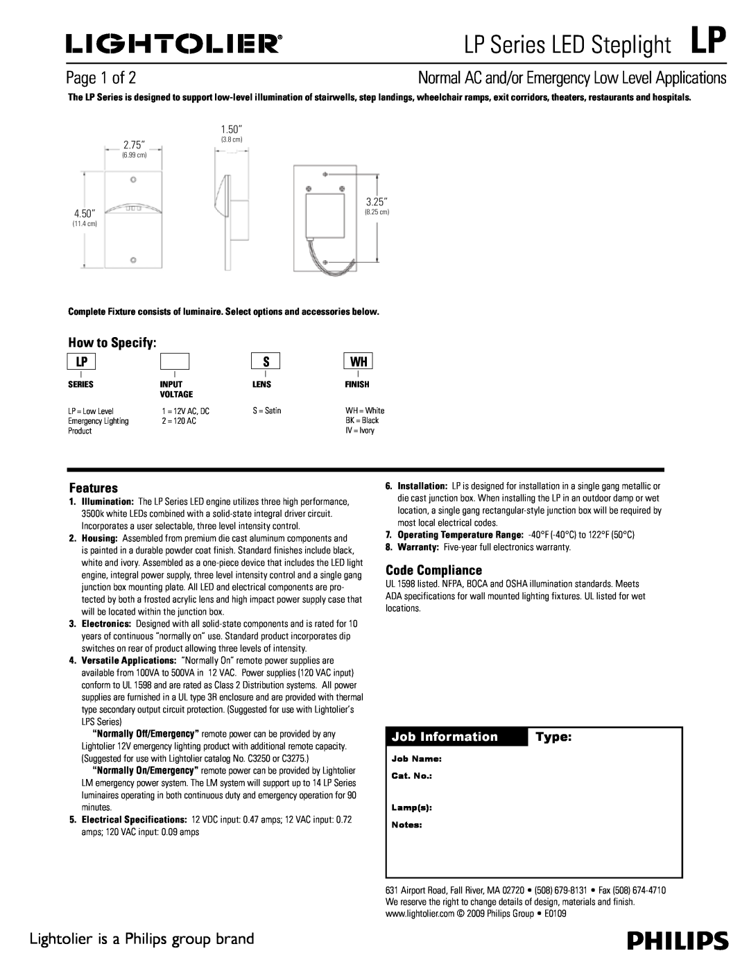 Lightolier LP Series specifications Page 1 of, Lightolier is a Philips group brand, How to Specify LP, Features, Type 